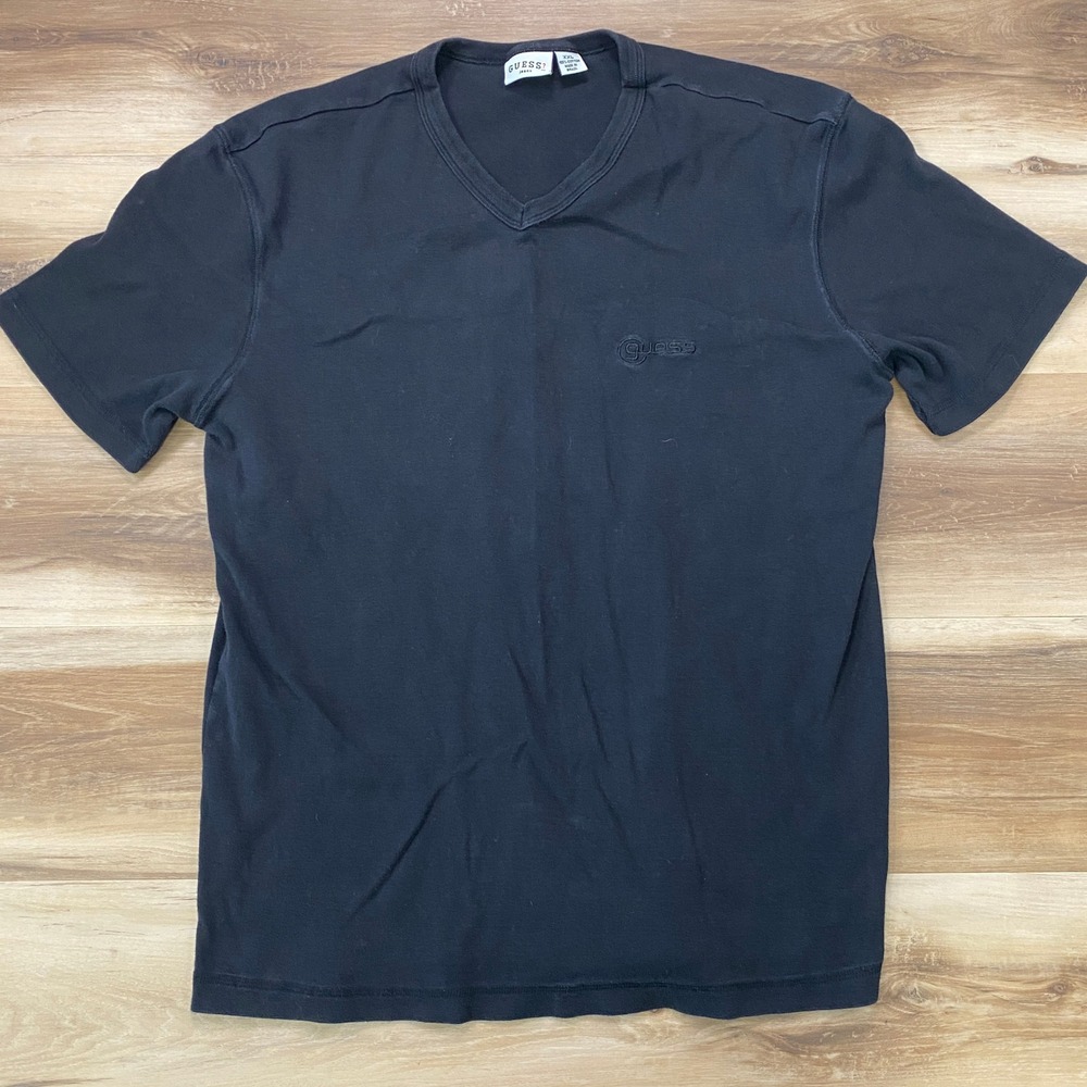Guess V-Neck T-Shirt XXL Short Sleeve Embroidered Logo Cotton Black 90s Vintage